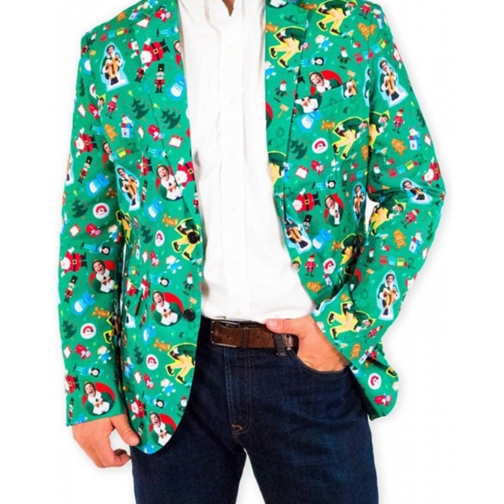 Mens festive elf suit coat with matching tie new with tags